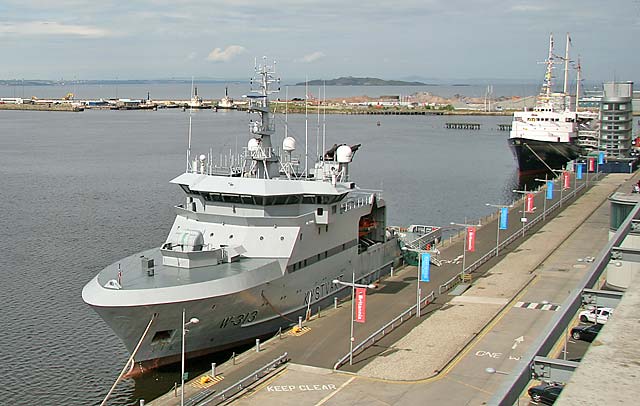 Norwegian Coastguard vessel TROMSO (W-313)  and Royal Yacht Britannia, moored beside Ocean Terminal in Leith Western Harbour