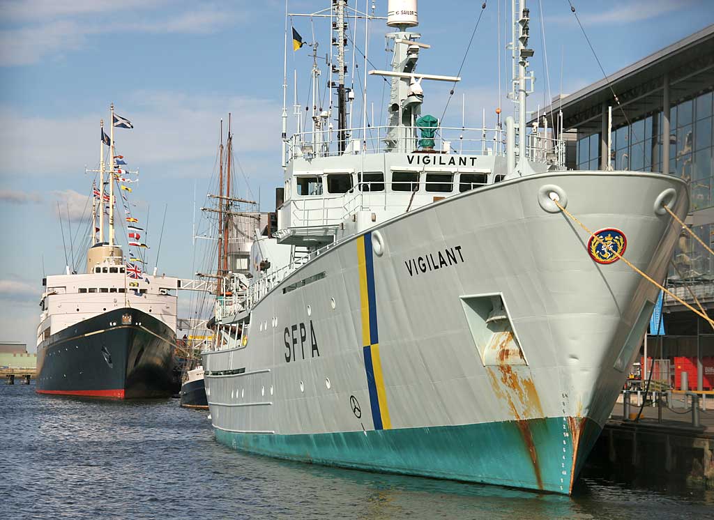 The Royal Yacht Britannia and Scottish Fisheries Protection Vessel, Vigilant, at Leith Western Harbour