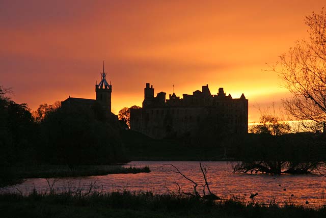 Distant view across Linlithgow Loch to St Michael's Parish Church and Linlithgow Palace