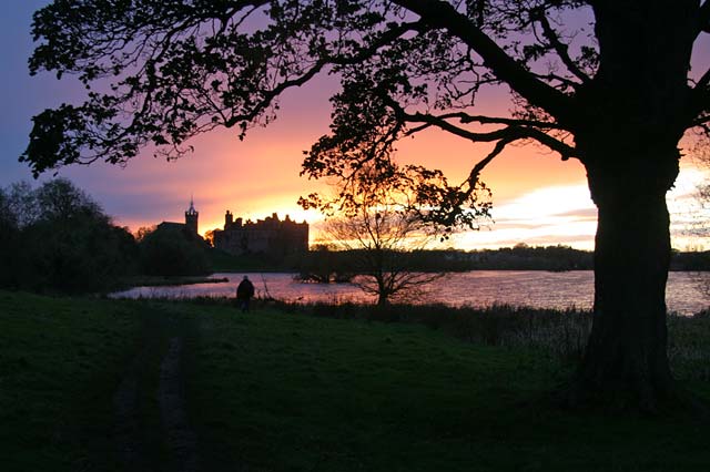 Distant view across Linlithgow Loch to St Michael's Parish Church and Linlithgow Palace