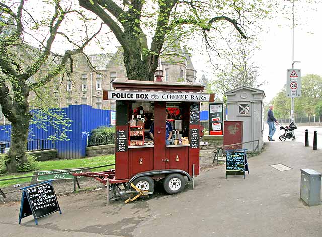 Coffee Bar and Police Box on the corner of Middle Meadow Walk and Lauriston Place