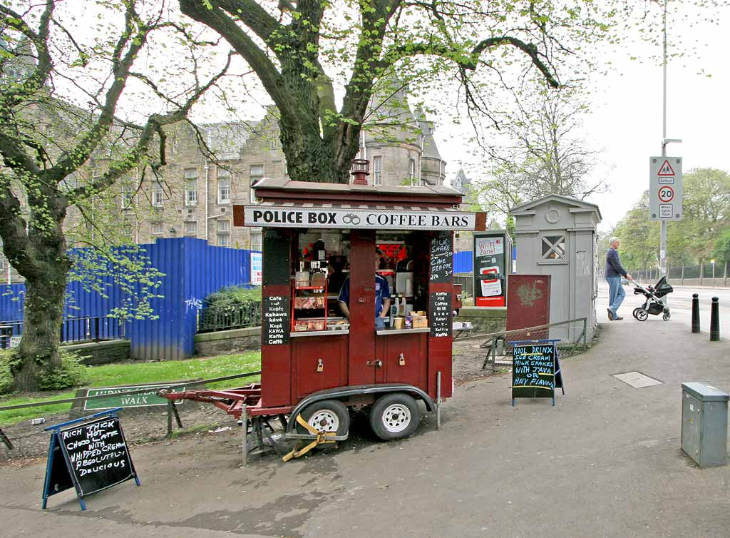 Coffee Bar and Police Box on the corner of Middle Meadow Walk and Lauriston Place