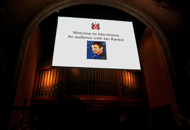 Ian Rankin giving a talk and signing books at Merchiston Castle School, Colinton  -  February 2013