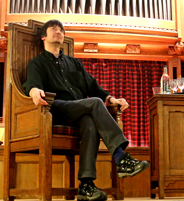 Ian Rankin being interviewed by Vanessa Robertson at Merchiston Castle School, Colinton  -  February 2013