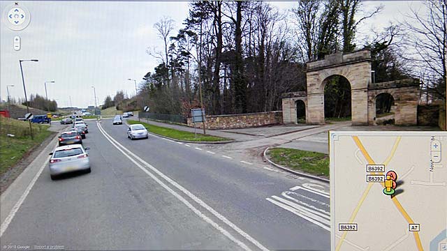 Google Street View - Looking to the north down the A7 towards Edinburgh - King's Gate, Newbattle on the right.