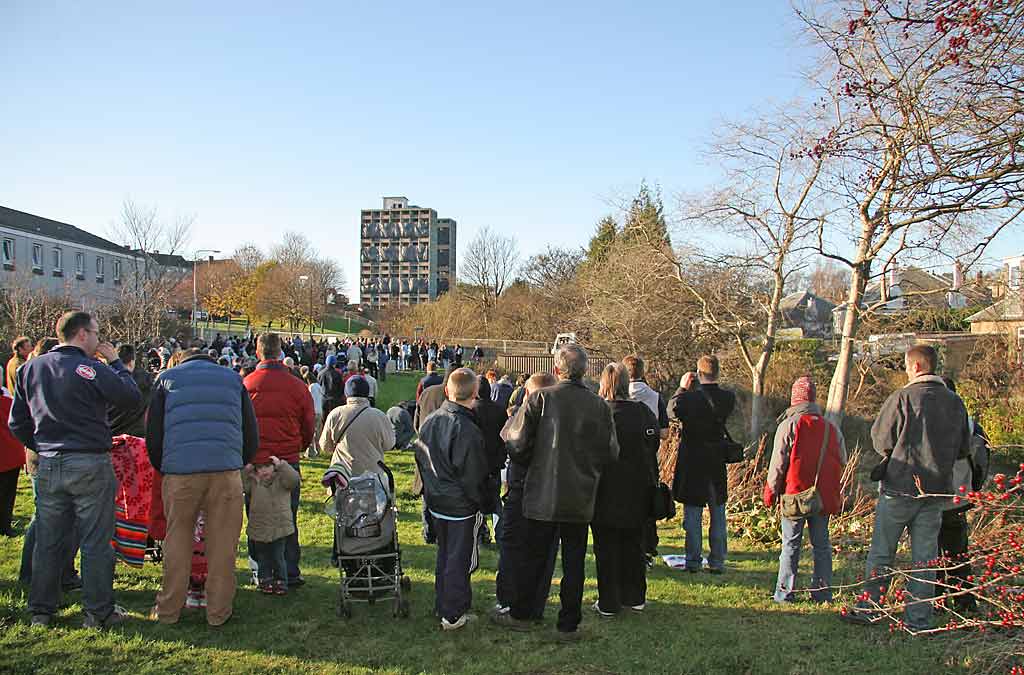 Oxgangs  -  The day of the demolition of high-rise flats, Allermuir Court and Caerketton Court