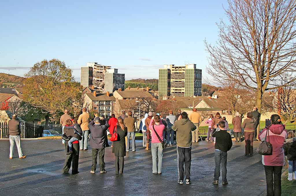 Oxgangs  -  The day of the demolition of high-rise flats, Allermuir Court and Caerketton Court