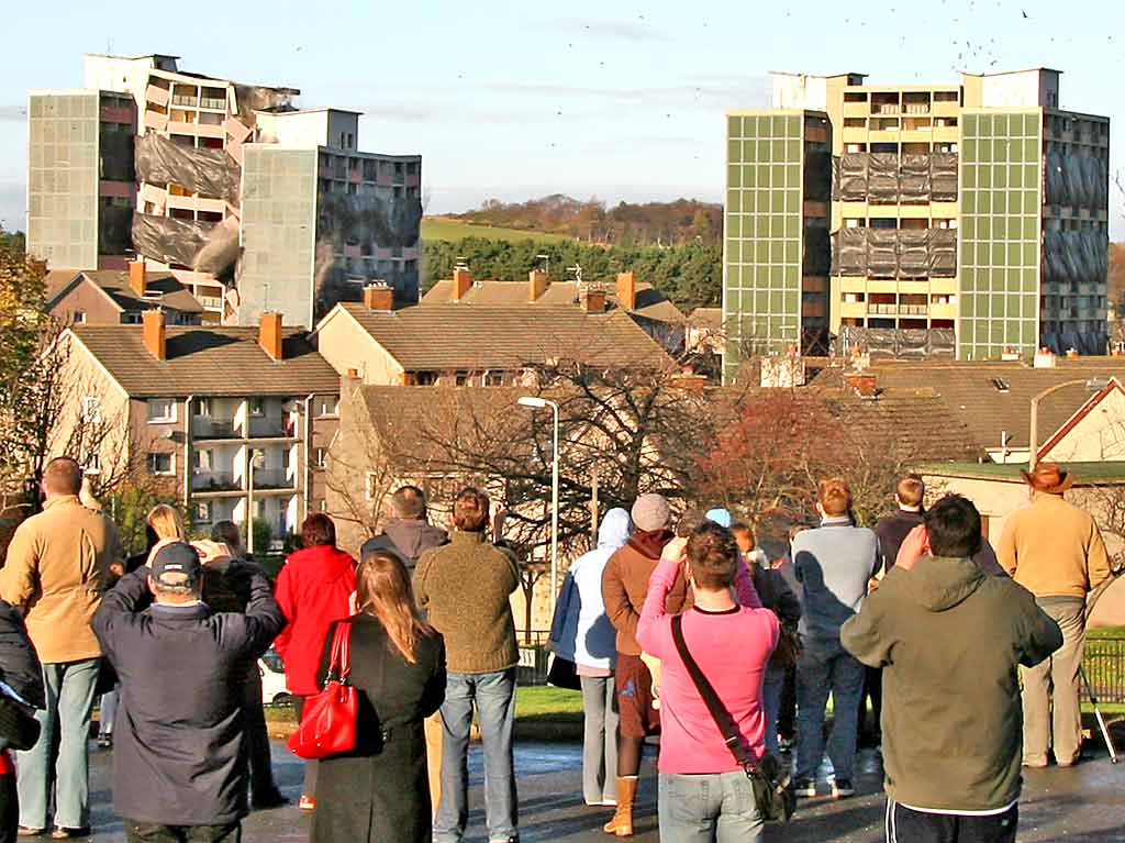 Oxgangs  -  The day of the demolition of high-rise flats, Allermuir Court and Caerketton Court