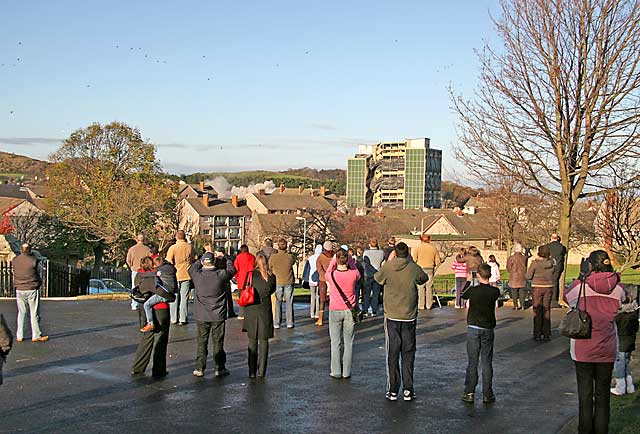 Oxgangs  -  The day of the demolition of high-rise flats, Allermuir Court and Caerketton Court