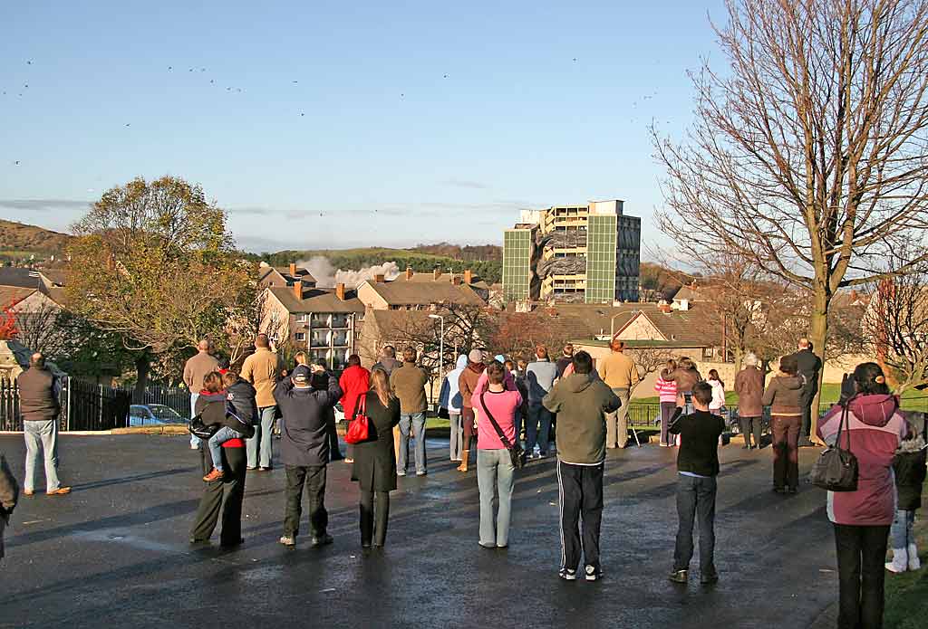 Oxgangs  -  The day of the demolition of high-rise flats, Allermuir Court and Caerketton Court