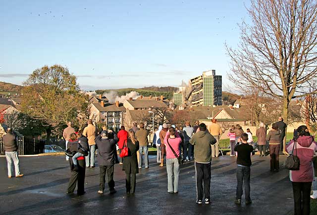 Oxgangs  -  The day of the demolition of high-rise flats, Allermuir Court and Caerketton Court