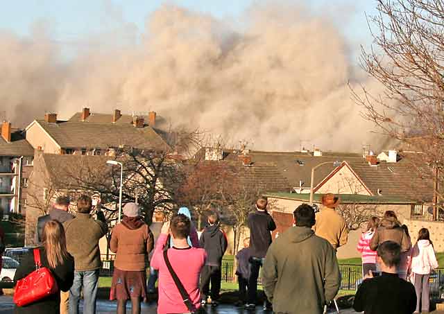 Oxgangs  -  The day of the demolition of high-rise flats, Allermuir Court and Caerketton Court