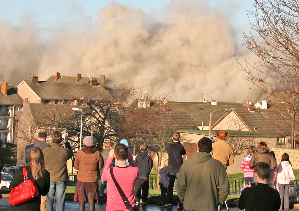 Oxgangs  -  The day of the demolition of high-rise flats, Allermuir Court and Caerketton Court