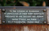 Inscription on a bench presented to Edinburgh by Officers and Airmen of United States Air Force, RAF Kirknewton, March 1962