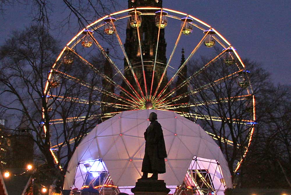 Edinburgh, Christmas 2005  -  The statue of Adam Black, Lord Provost and MP, Bungydome and Edinburgh Wheel.  The Scott Mounument is in the background.
