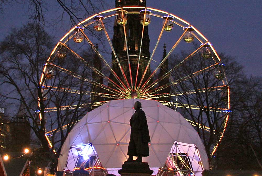 Edinburgh, Christmas 2005 - The statue of Adam Black, Lord Provost and MP, Bungydome and Edinburgh Wheel. The Scott Mounument is in the background.