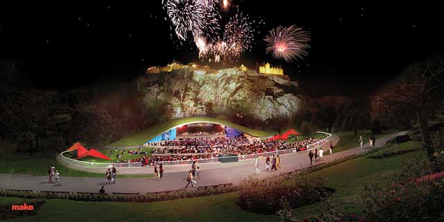 A possible new bandstand for Princes Street Gardens.  Style:  grassy knoll  -  night-time illustration