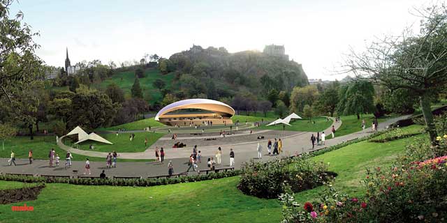 A possible new bandstand for Princes Street Gardens.  Style:  shelll  -  daytime illustration