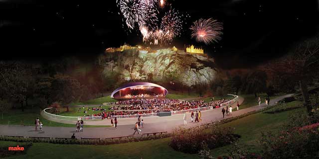 A possible new bandstand for Princes Street Gardens.  Style:  shelll  -  night-time illustration