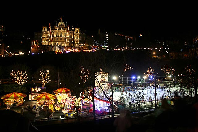 Bank of Scotland Head Office and Winter Wonderland skating rink in East Princes Street Gardens