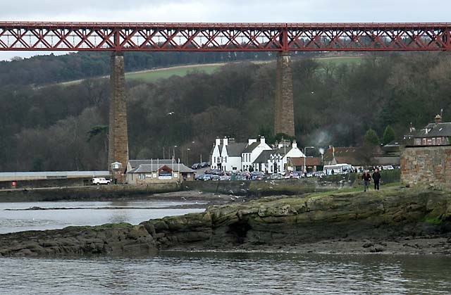 Zoom-in on The Hawes Inn beneath the Forth Rail Bridge, South Queensferry  -  a photograph taken during The Loony Dook  -  A dip in the Firth of  Forth on New Year's Day, 2006