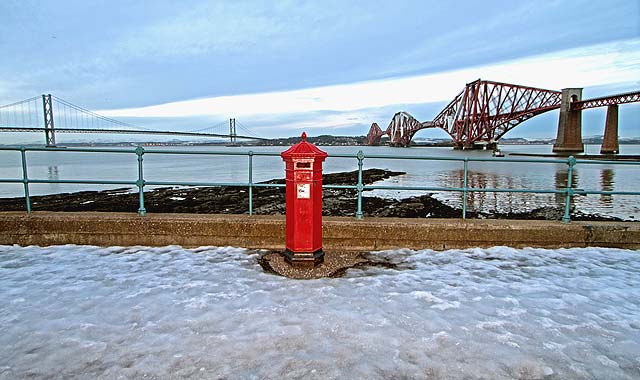 South Queensferry  -  Reproduction Penfold Pillar Box and Forth Rail Bridge  -  December 2010