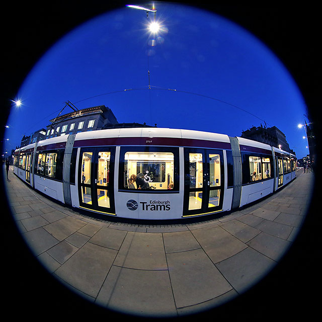 Tram at St Andrew Square, November 2014  -  Photographed with an 8mm fisheye len