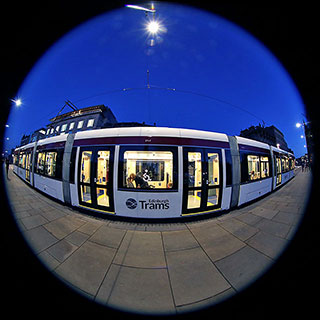 Tram at St Andrew Square, November 2014  -  Photographed with an 8mm fisheye len