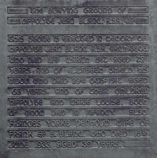 Photograph by Peter Stubbs  -  Edinburgh  -  Warriston Cemetery  -  Inscription on the gravestone of Hippolyte Blanc