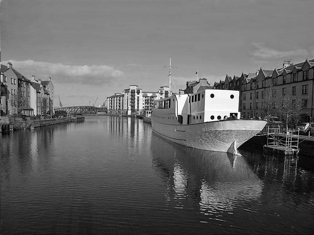Loking to the north from the bridge over the Water of Leith at Bernard Street, towards the site of the Lower Drawbridge and Leith Docks