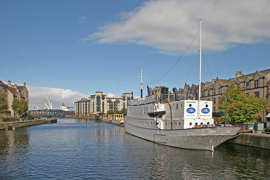 Ocean Mist, now Cruz Testaurant and Bar, moored beside the Shore, Leith