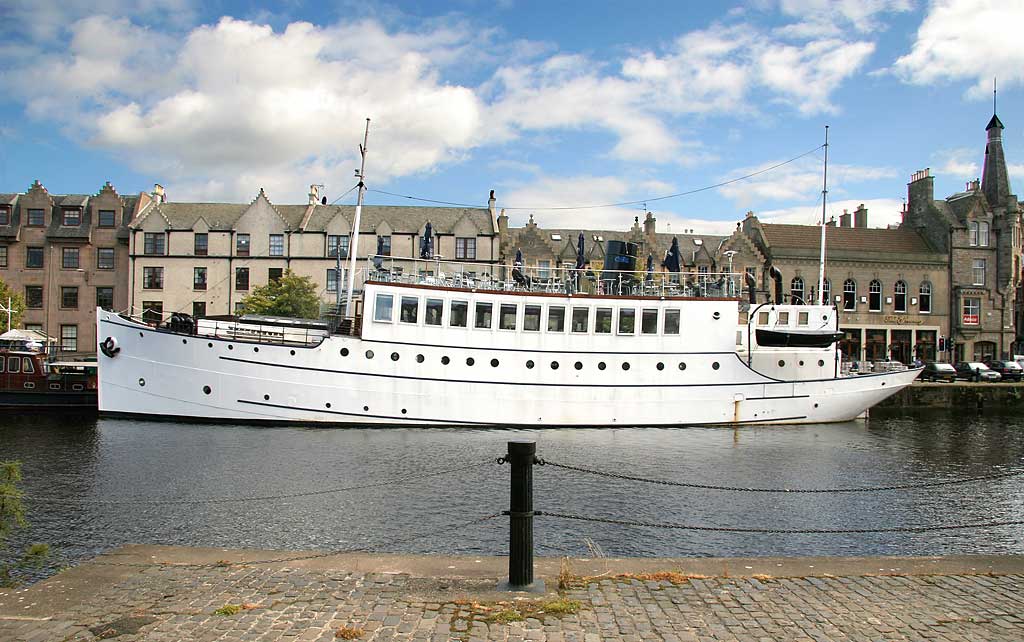 Ocean Mist, now Cruz Testaurant and Bar, moored beside the Shore, Leith