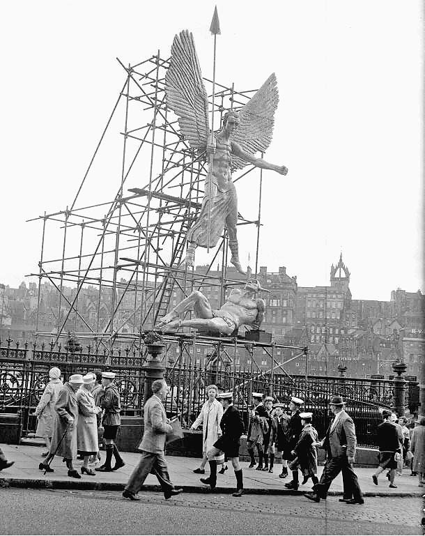 Epstein Memorial Exhibition at Waverley Market, St Michael suspended above Waverley Market - 1961
