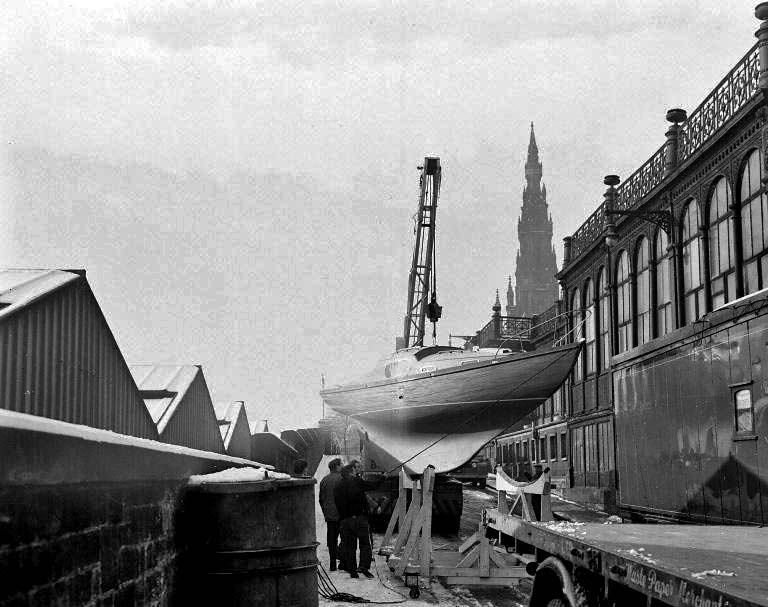 East German Boat being delivered to the Ideal Holiday Show at Waverley Market, 1959
