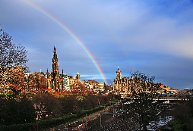 Views of Waverley, including The Scott Monument and Balmoral Hotel from near the Royal Scottish Academy and National Gallery of Scotland at the foot of The Mound.