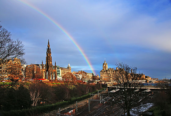 Views of Waverley, including The Scott Monument and Balmoral Hotel from near the Royal Scottish Academy and National Gallery of Scotland at the foot of The Mound.