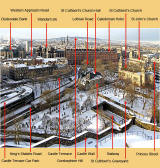 Looking down on the Caledonian Hotel and St Cuthbert's Church and graveyard from Edinburgh Castle  -  January 2010