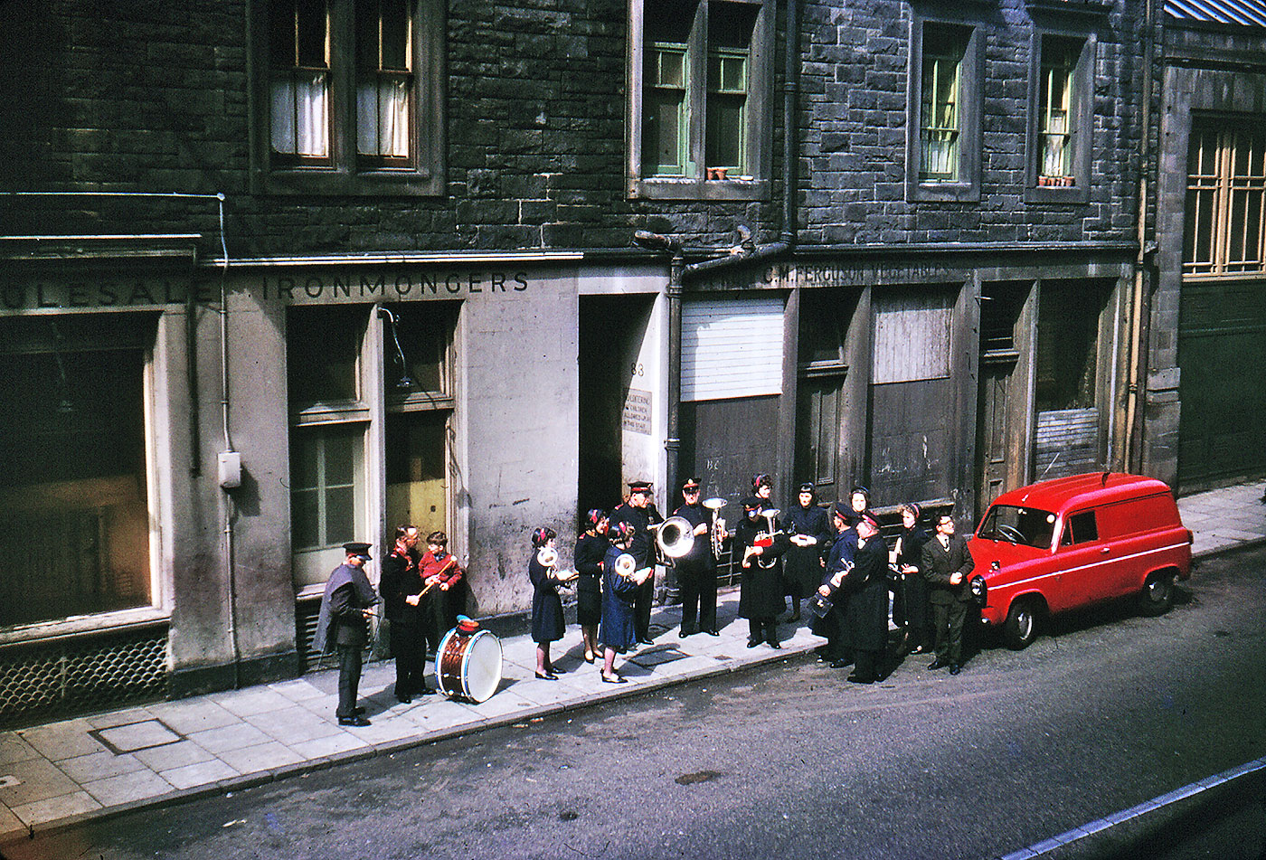 Where is it?  Salvation Army playing probably somewhere in Edinburgh Old Town, 1964