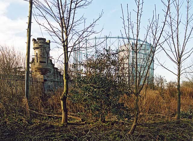 Edinburgh Waterfront  -   The remains of Granton Castle Wall and two gasometers  -  5 March 2003