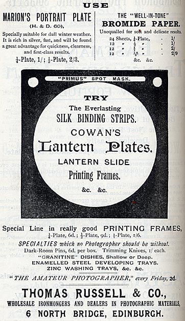 Thomas Russell  -  Advertisement in Transactions of the Edinburgh Photographic Society, 1896