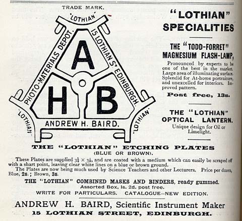 Advertisement for A H Baird's business  -  Transactions of Edinburgh Phootgraphic Society, 1893