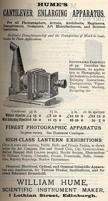 William Hume - Advert for Cantilever Enlarging Apparatus - Transactions of Edinburgh Photographic Society, 1890