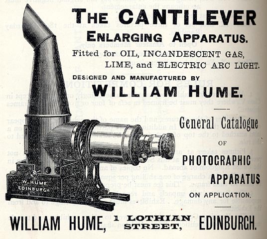 William Hume  -  Advert for Cantilever Enlarging Apparatus  - Transactions of Edinburgh Photographic Society, 1890