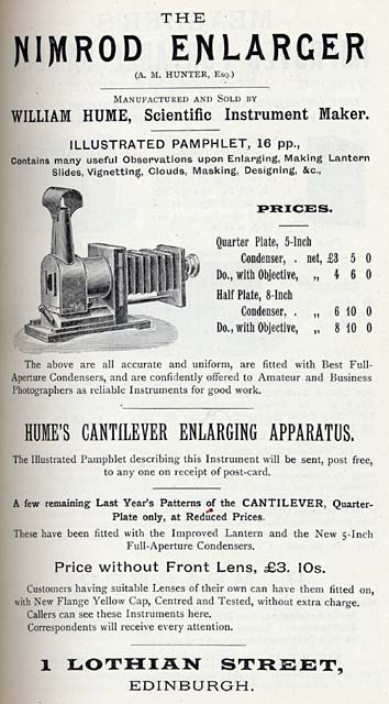William Hume - Advert for Nimrod Enlarger - Transactions of Edinburgh Photographic Society, 1891