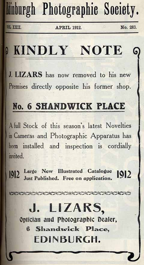 Lizars Advert  -  April 1912