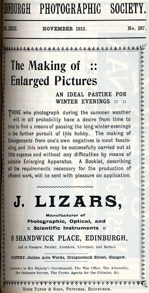 Lizars Advert  -  November 1912