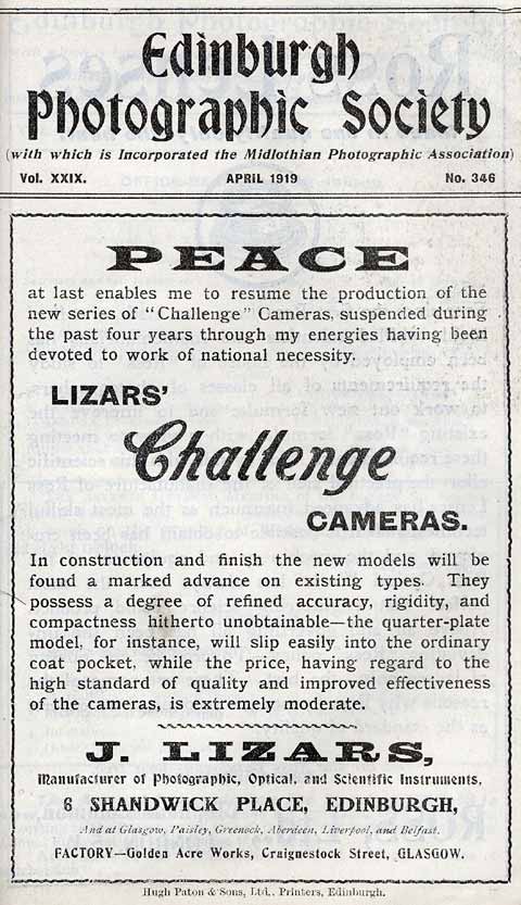 Lizars Advert - April 1919