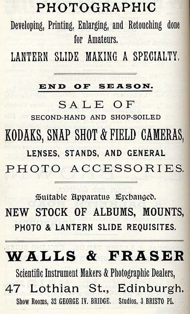 Advert  -  Walls & Fraser  -  in Transactions of the Edinburgh Photographic Society, November 1897