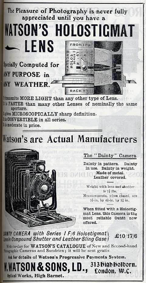 W Watson & Sons Advert  -  February 1912