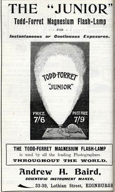 Advert in A H Baird's journal, 'Photogaraphic Chat'  -  1902  -  Todd-Forret Flash-lamp